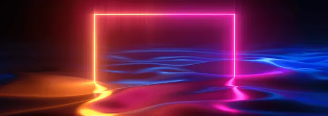 Neon ribbon light curves glow in a dark ultraviolet 3D space with reflective floor and light trails.