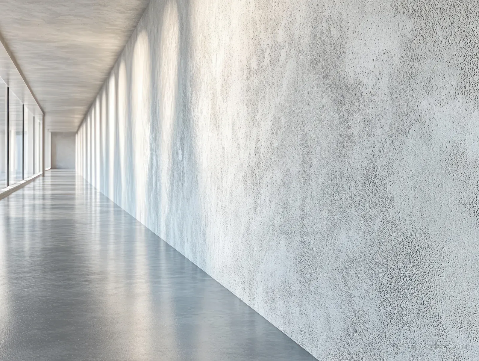 Empty modern corridor with textured white walls, polished reflective floor, and large windows filling the space with soft daylight.