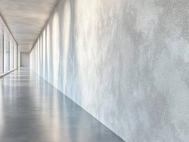 Empty modern corridor with textured white walls, polished reflective floor, and large windows filling the space with soft daylight.