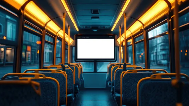 Empty city bus interior with blue seats and warm yellow lights facing a blank display at the front.
