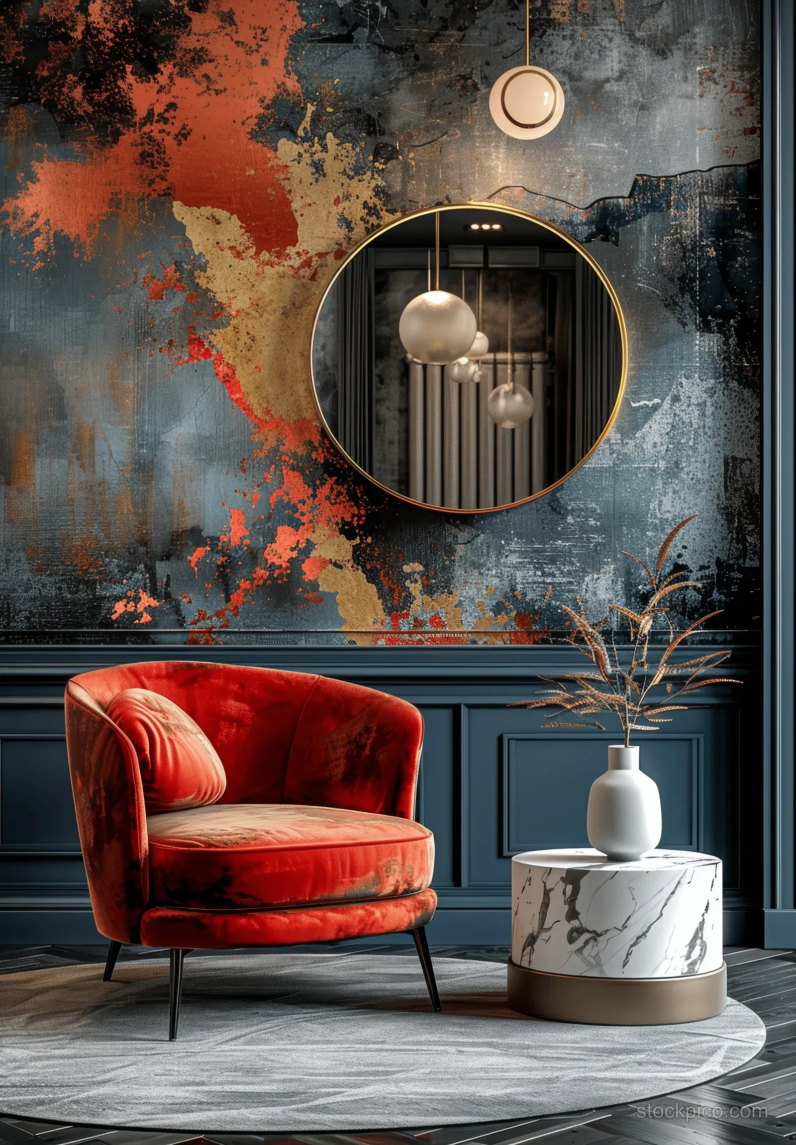 Red velvet armchair and marble coffee table positioned in front of an abstract wall artwork and round mirror.