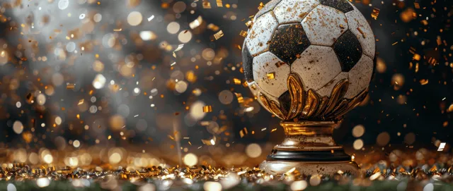 A soccer trophy with a ball on a pedestal is surrounded by golden confetti and spark-like particles.
