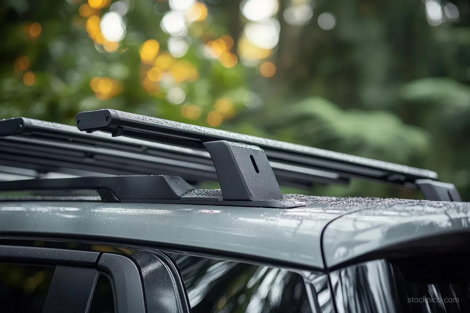 Water droplets bead on a car roof rack while blurred green and yellow leaves fill the background.