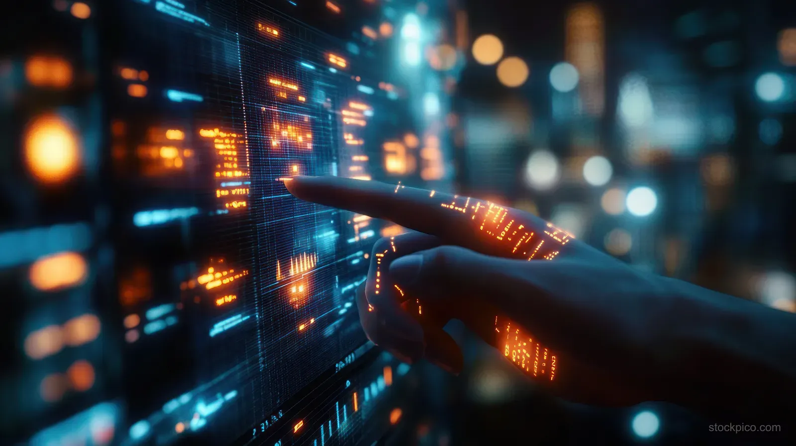 A futuristic hand touches an orange and blue digital data display with glowing circuit lines in a dark high-tech setting.