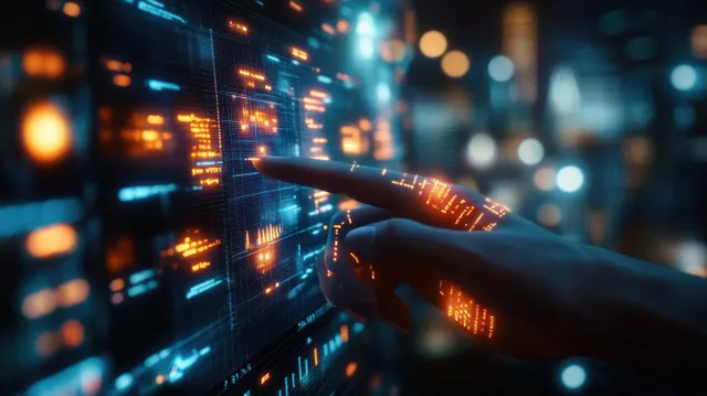 Futuristic hand touches glowing orange-blue data screen with circuit-like interface lines in darkness
