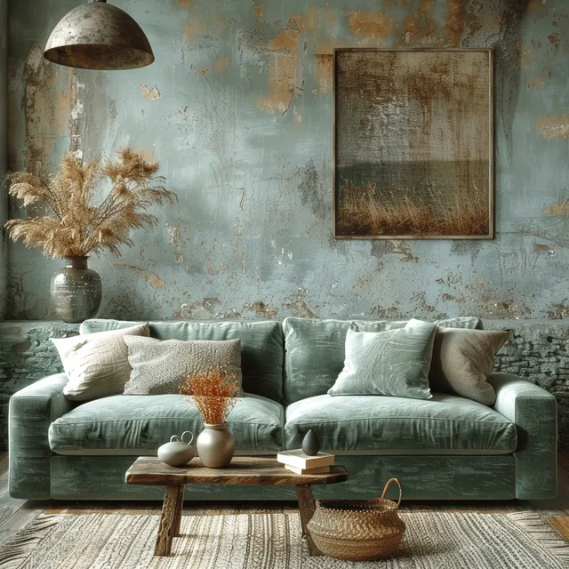 Green velvet sofa in a modern living room with an antique textured wall and a vase on a side table.