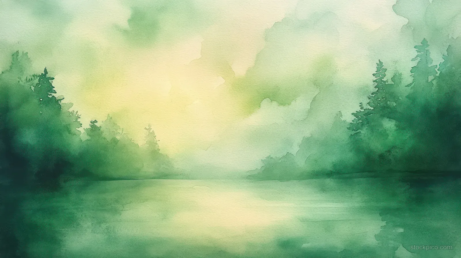 Misty watercolor riverside landscape with green fog, glowing light, and mirrored pine trees on calm water.
