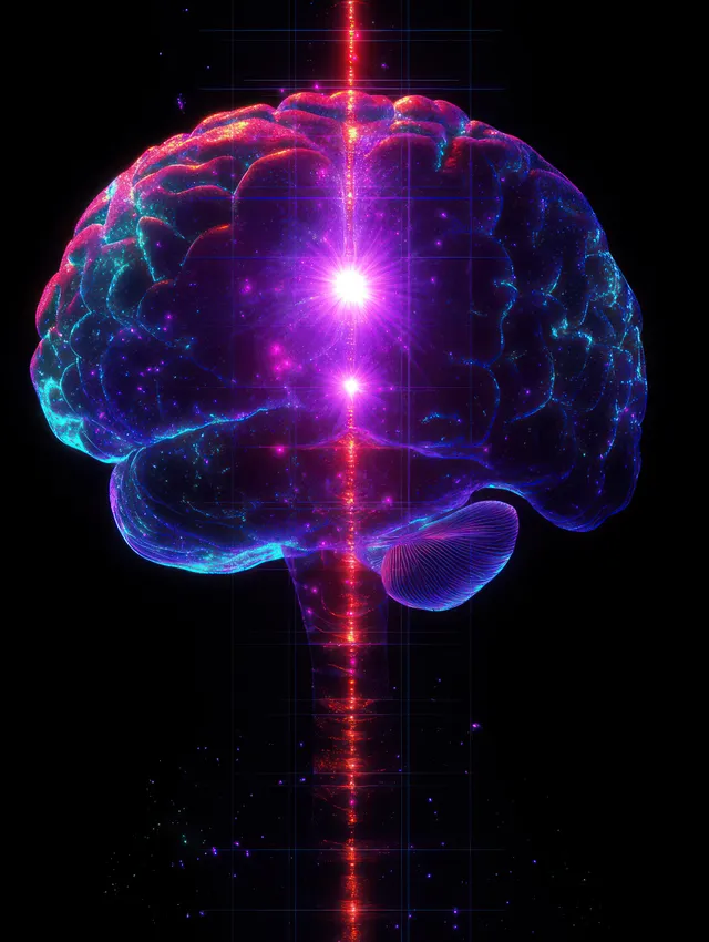 Glowing digital brain with illuminated neural pathways floating over a cosmic starfield with Ai And Intelligence