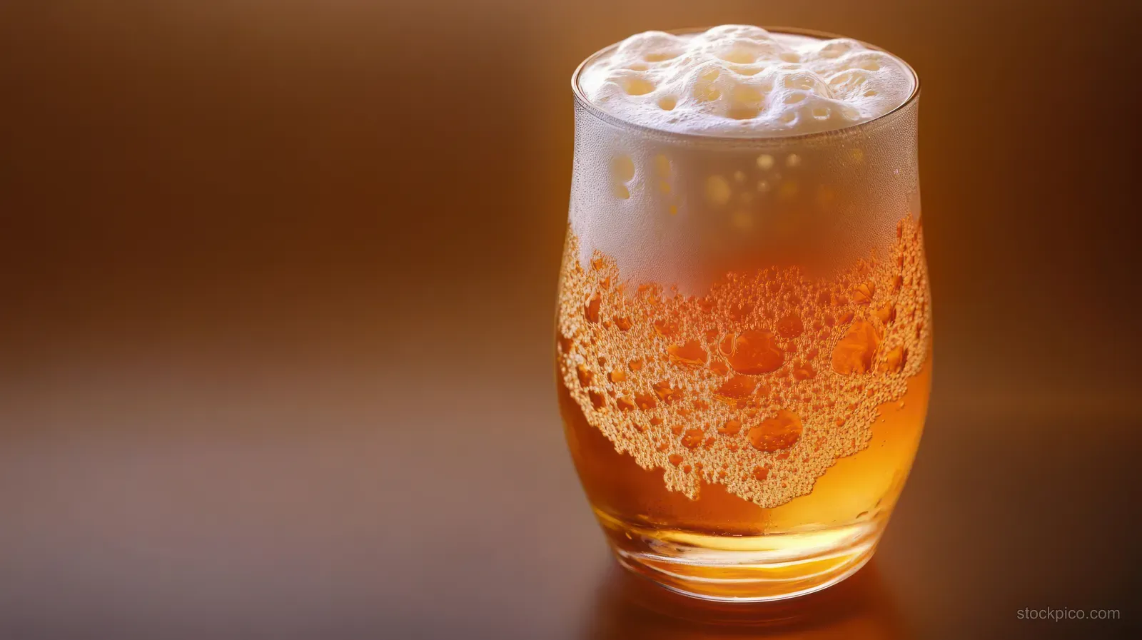 Golden beer with thick white foam in a clear glass against a warm brown background.