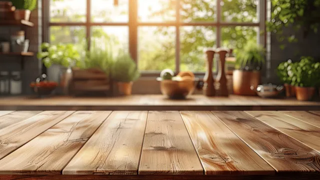 Rustic wooden tabletop in the foreground with a blurred modern kitchen interior and warm window sunlight behind.