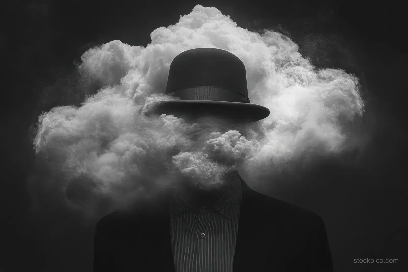 Silhouette of a man in a hat and suit with a swirling smoke cloud replacing his head against a dark background.