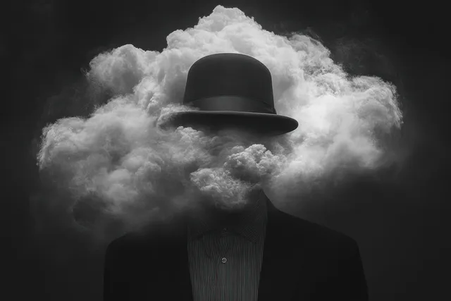 Silhouette in hat and suit with face replaced by swirling smoke cloud