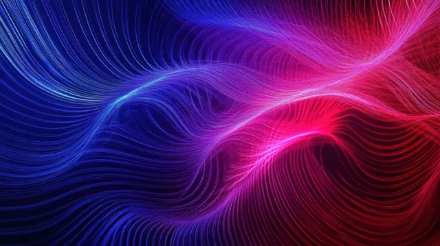 Glowing blue and red light strands curve into flowing abstract wave patterns across a dark background.
