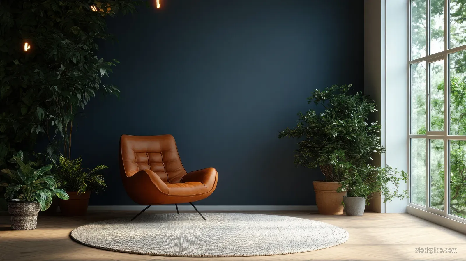 Brown leather lounge chair on a light rug beside potted plants and a large window in a bright living room.