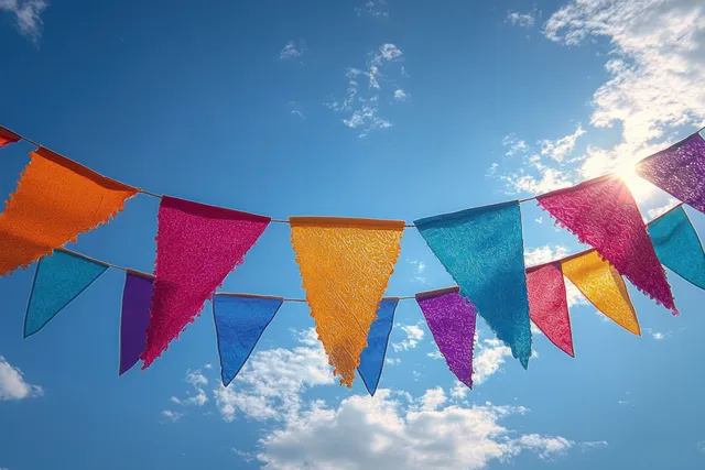Colorful triangular bunting flags stretch across a bright blue sky with sunlit clouds.