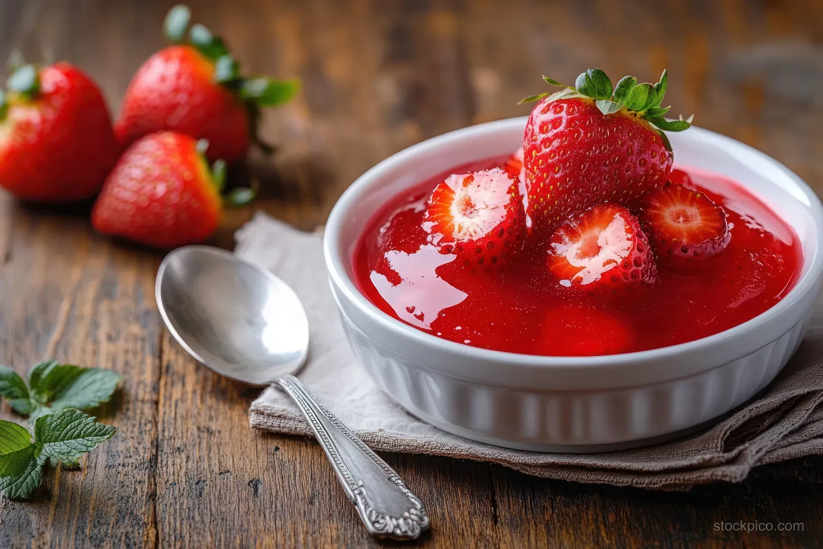 White bowl of strawberry sauce topped with whole and sliced strawberries on a wooden table beside a silver spoon.