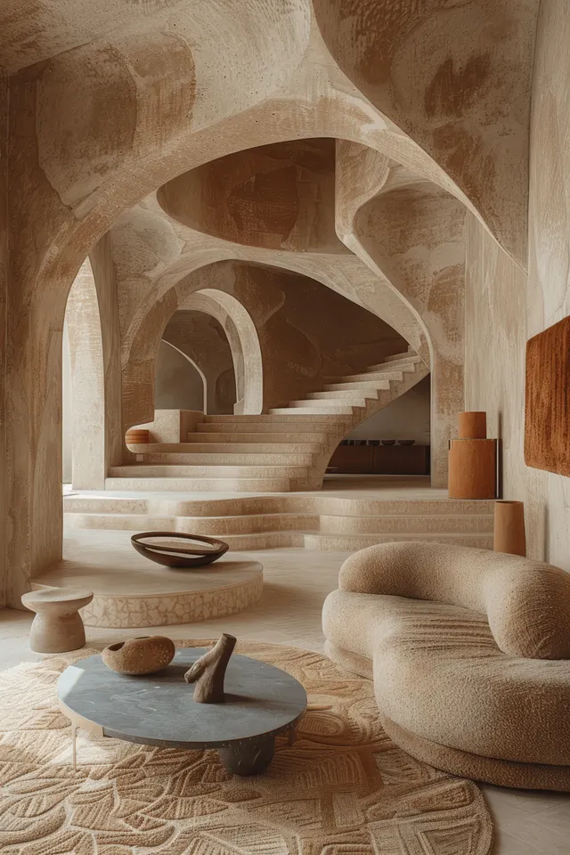 Minimal living interior with beige arched alcoves, soft rug, round seating, and a blue table in warm light.