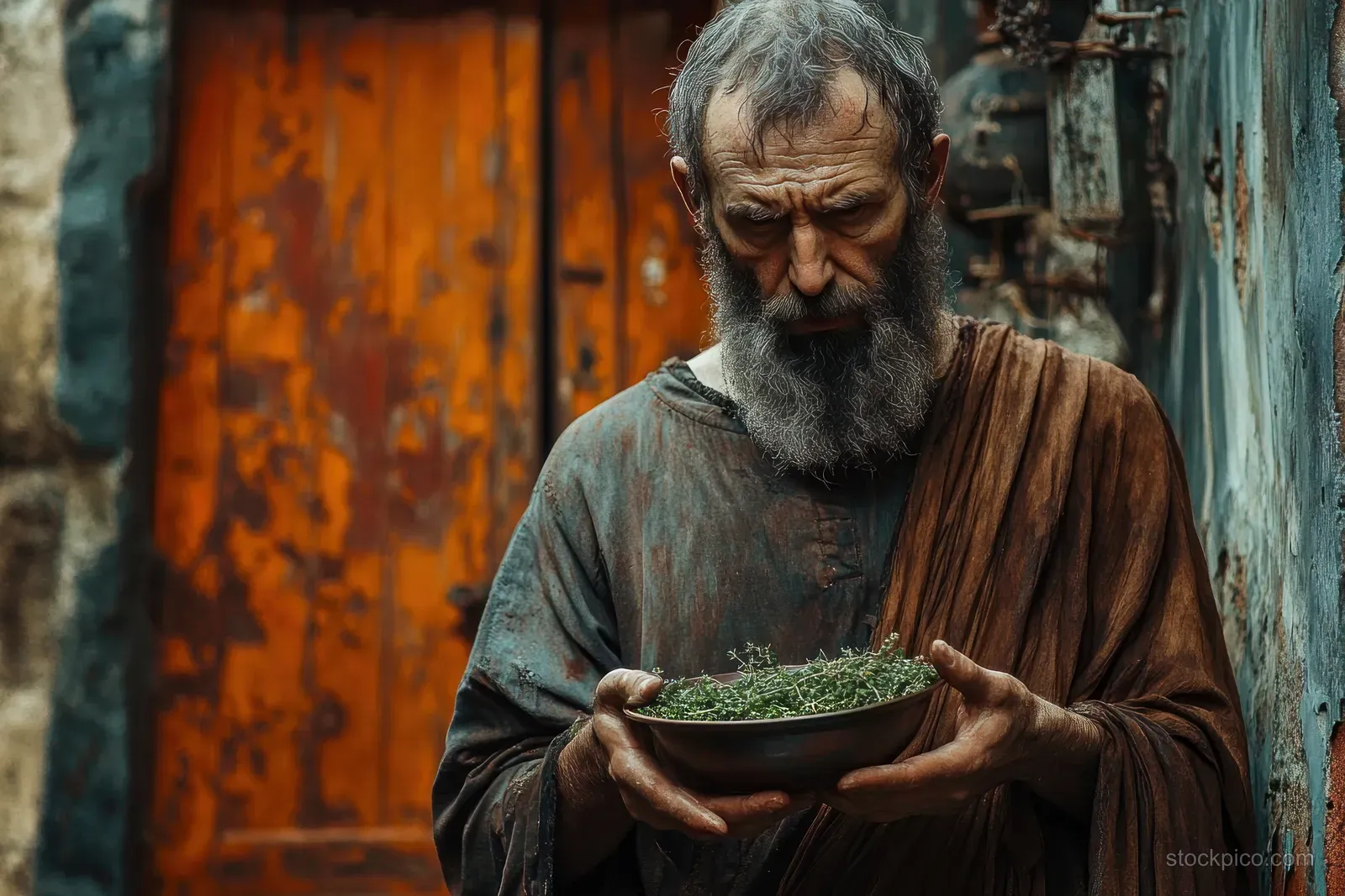 Elderly man with a long beard holding a bowl of green herbs in front of a weathered orange door.