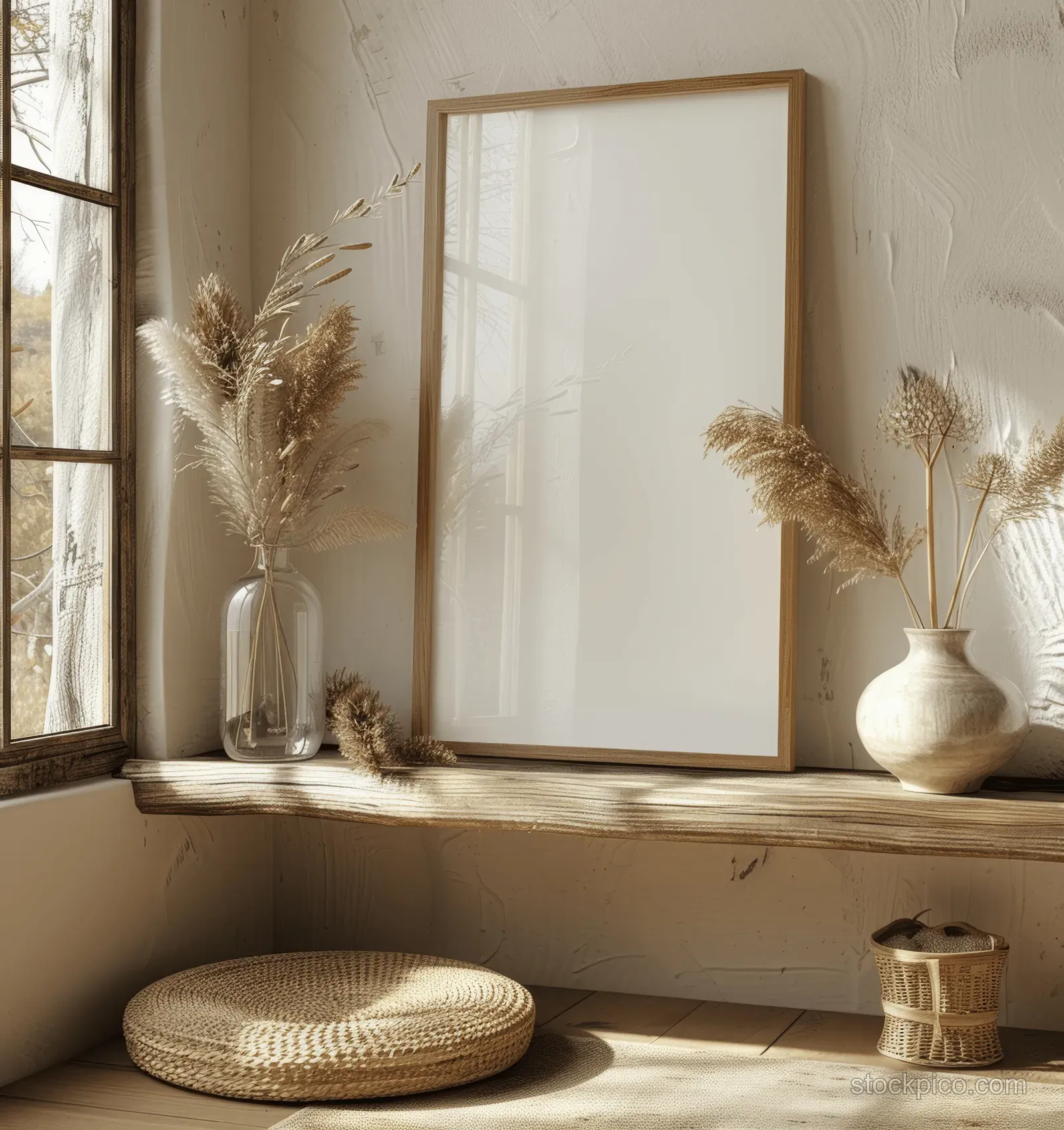 A blank wooden frame sits on a shelf beside dried grasses and a ceramic vase.
