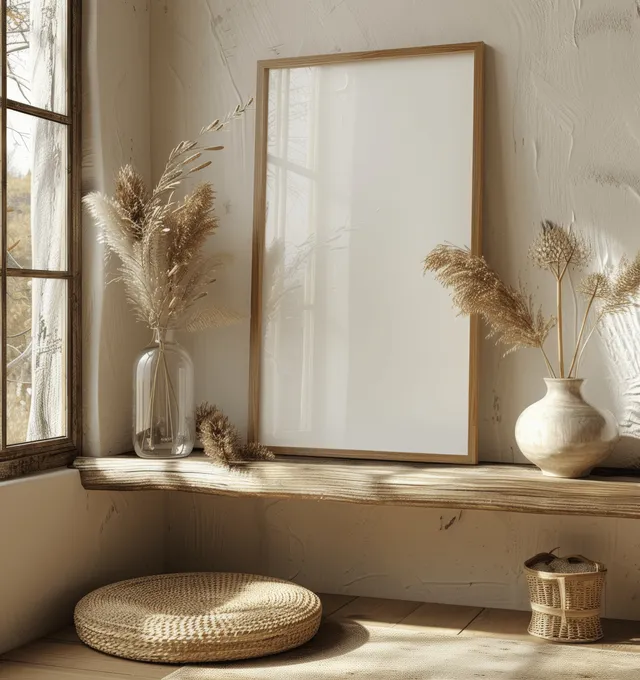 A blank wooden frame sits on a shelf beside dried grasses and a ceramic vase.