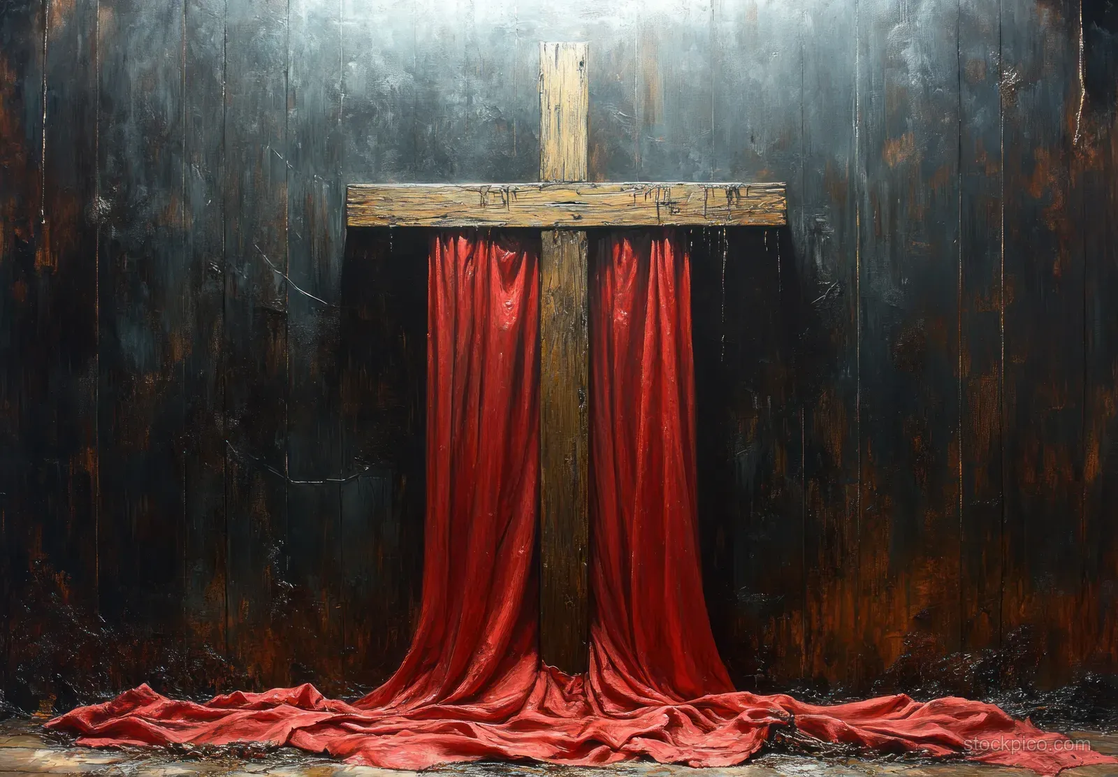 Wooden Easter cross draped with red fabric against a dark textured wall with warm light.