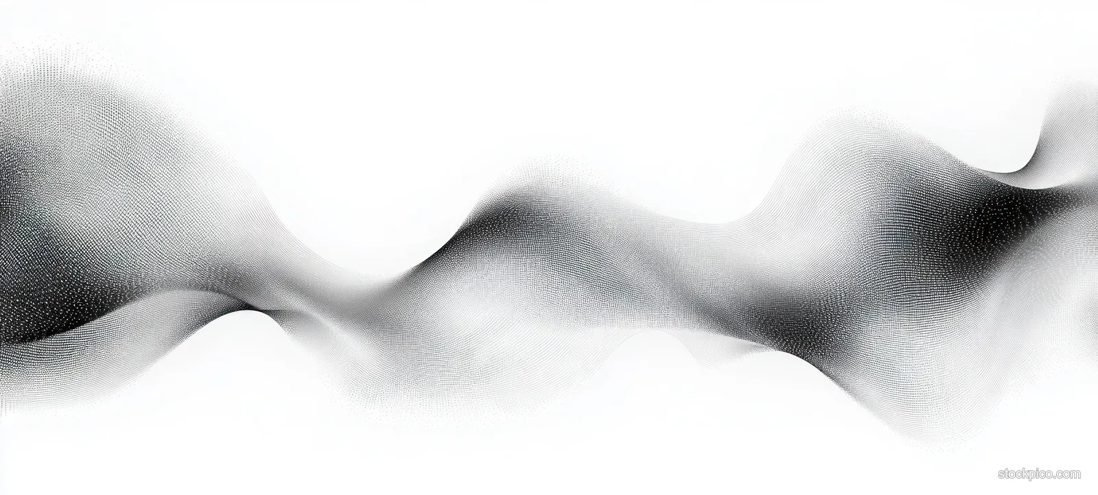 Grayscale flowing dots form a soft wave shape across a white background.
