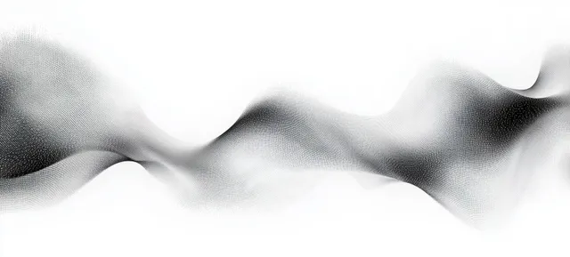 Abstract grayscale wave of flowing dots across a white background, soft blur
