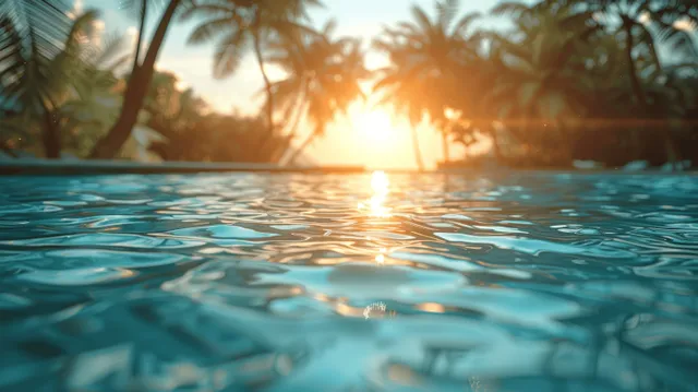 Sunlit tropical resort pool with palm reflections and golden seaside sky