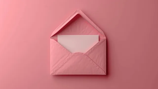 Open pink envelope with blank white card on soft pastel background, top view