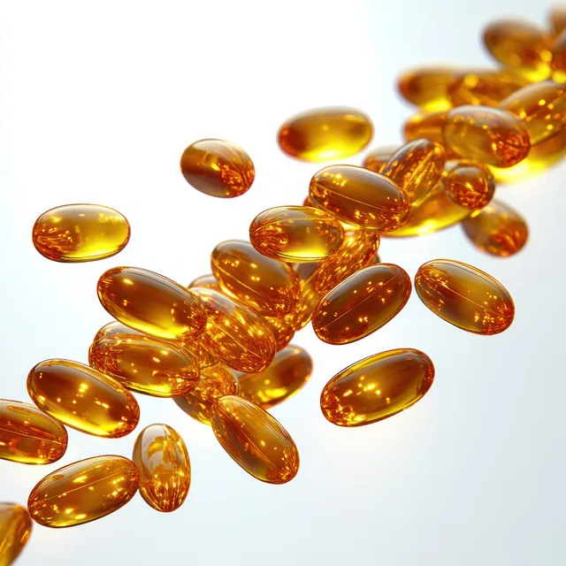 Translucent golden yellow softgel capsules float and scatter on a pure white background.