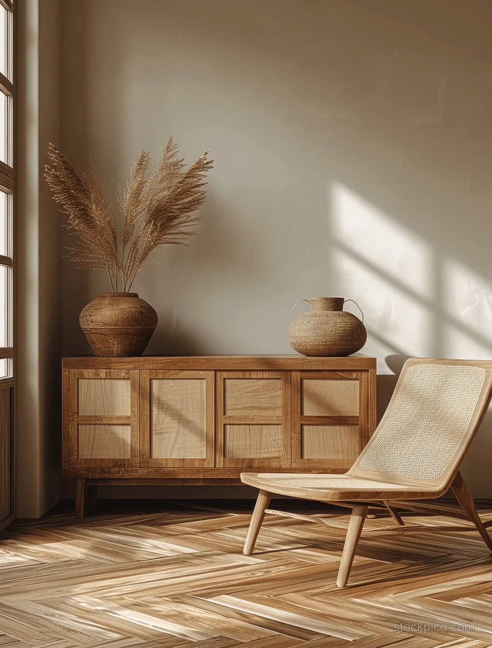 Bohemian living room corner with a wooden sideboard, rattan decor, pampas vases, and sunlit parquet floor shadows.