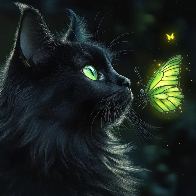 A black cat with bright green eyes leans toward a glowing green butterfly in a dark mystical setting.