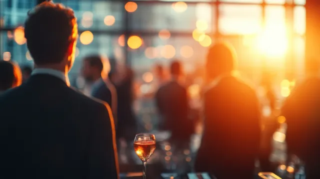 Silhouetted business professional stands at a networking event as blurred guests mingle under warm golden lights with drinks.