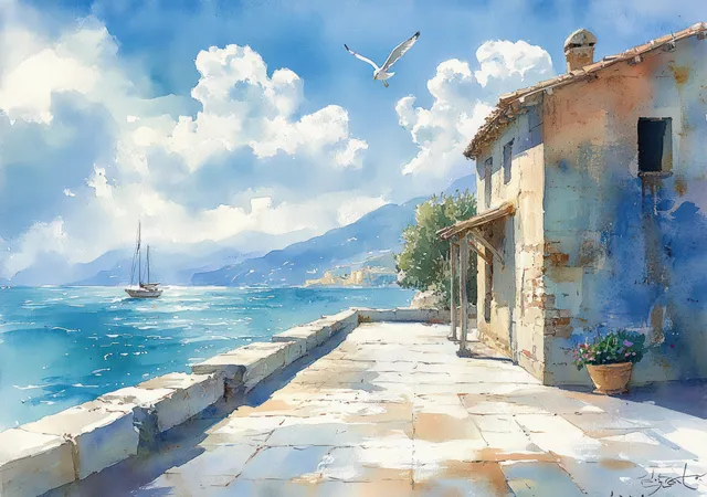 Winter seaside terrace overlooking blue ocean, distant boats, and soaring seagull