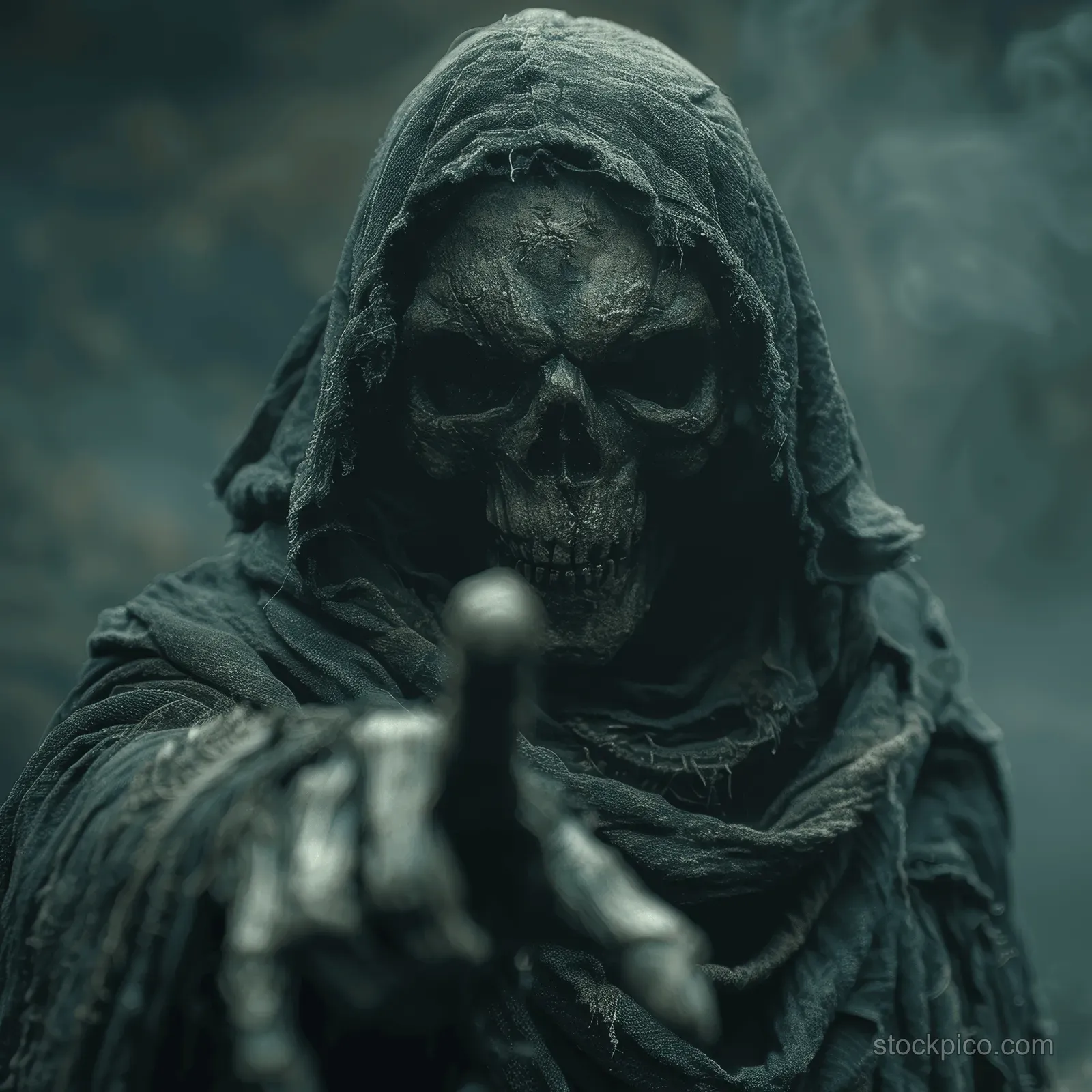 A hooded grim reaper with a skull face emerges from fog in a dark Halloween scene.