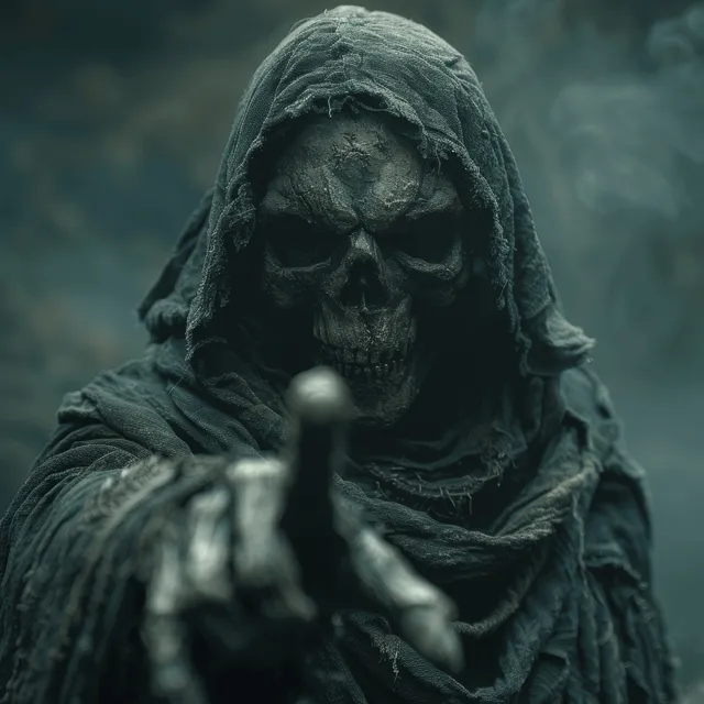 A hooded grim reaper with a skull face emerges from fog in a dark Halloween scene.