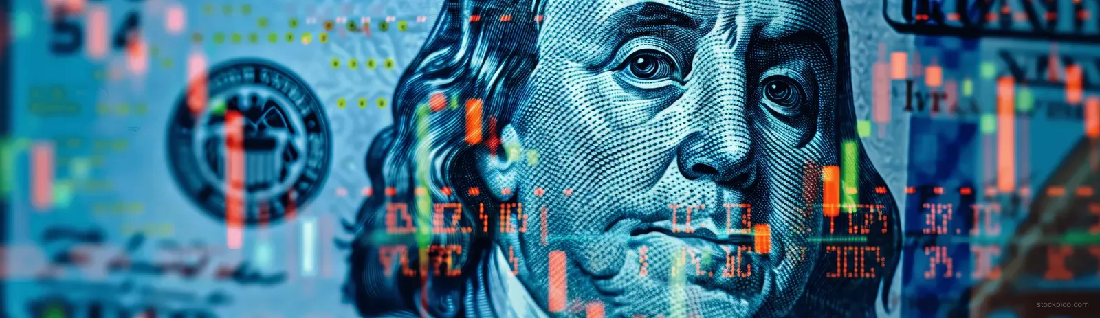 Benjamin Franklin on a US dollar banknote with colorful forex and stock market chart overlays in the background.