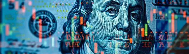 Benjamin Franklin on a US dollar banknote with colorful forex and stock market chart overlays in the background.
