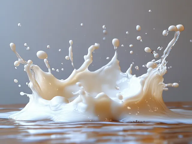Milk splashes in a curved wave with floating droplets against a soft gray background.