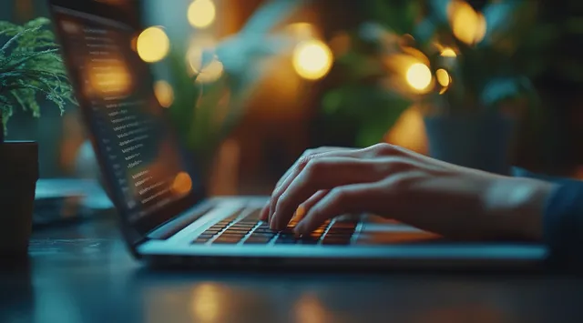 Businessman typing username and password on laptop keyboard with glowing security prompts