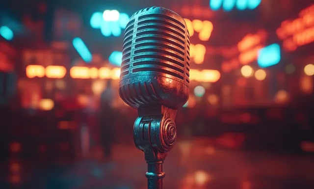 Vintage microphone on stage with colorful spotlights and blurred concert crowd
