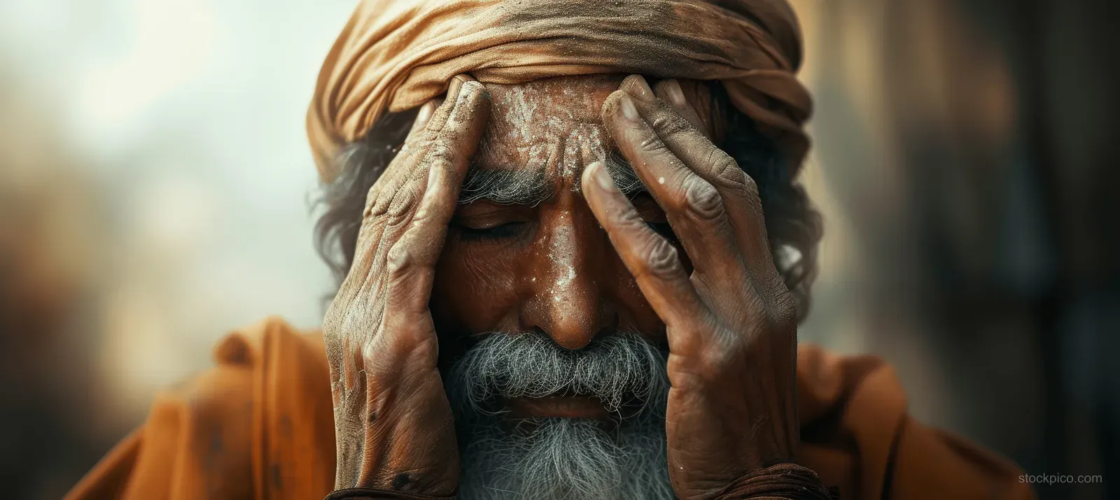 Jesus heals an elderly blind man in a warm, softly blurred biblical scene.
