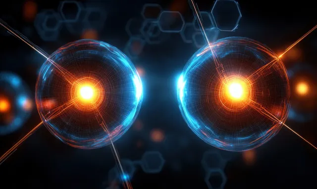 Two glowing quantum energy orbs with bright nuclei connect across a blue hexagonal background of particle trails.