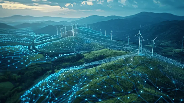 Wind turbines on green hills with glowing blue network lines and an overlaid energy pricing chart.