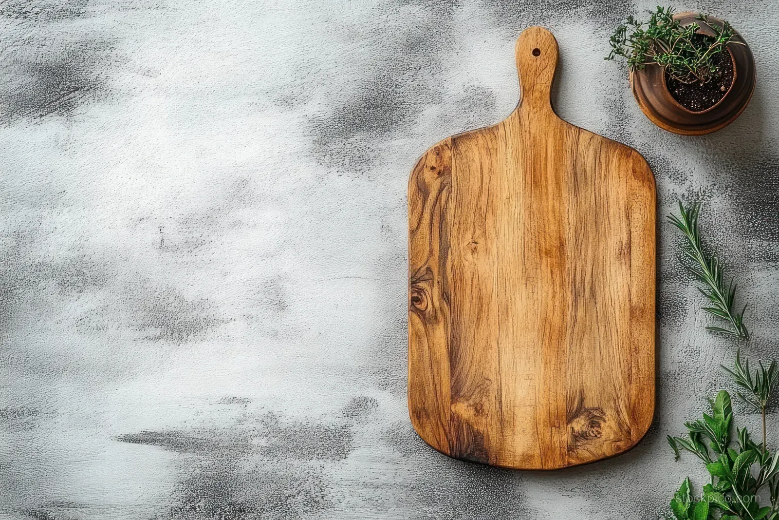 Rustic wooden cutting board on a gray concrete surface with rosemary sprigs and small potted herbs.