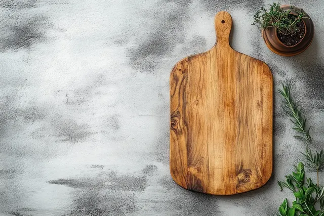 Wooden cutting board on gray concrete surface with rosemary sprigs and small herbs
