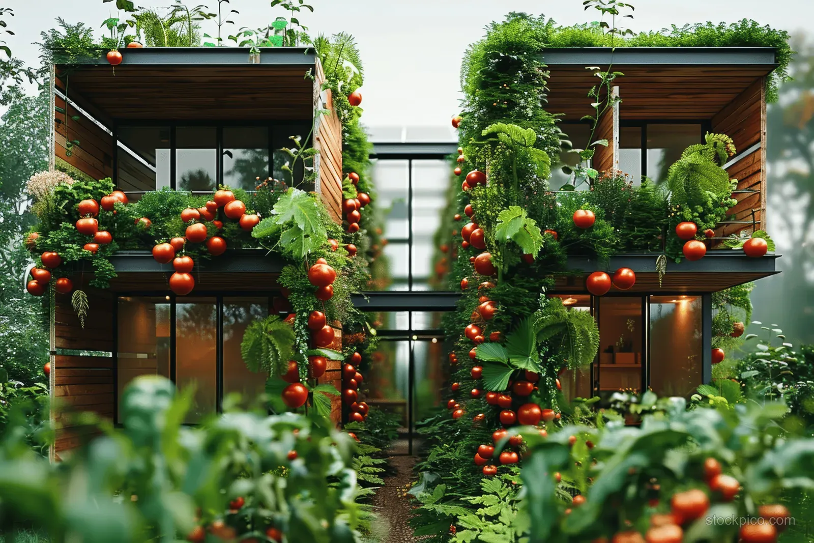 Wooden apartment building with solar panels framed by hanging vines and small red fruits in a green courtyard.