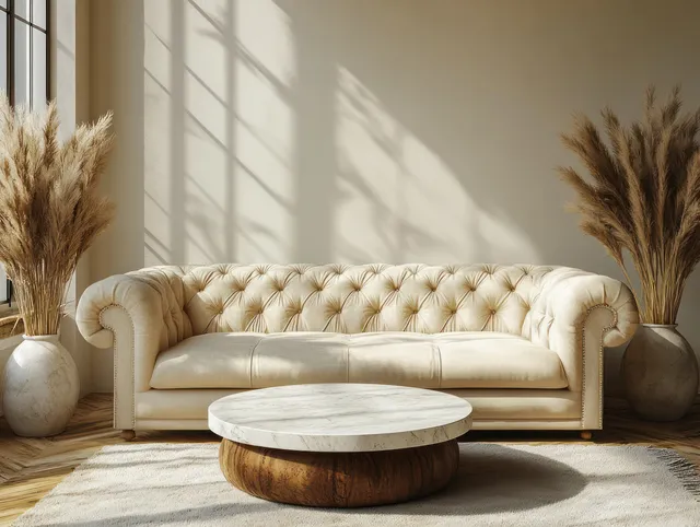 Beige tufted sofa and white marble coffee table in a sunlit minimalist living room with dried pampas grass.