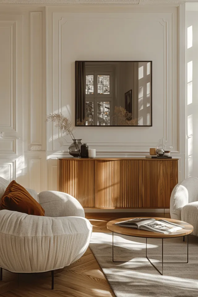 Sunlit living room with wooden sideboard, framed mirror, armchairs, and parquet flooring casting soft shadows.