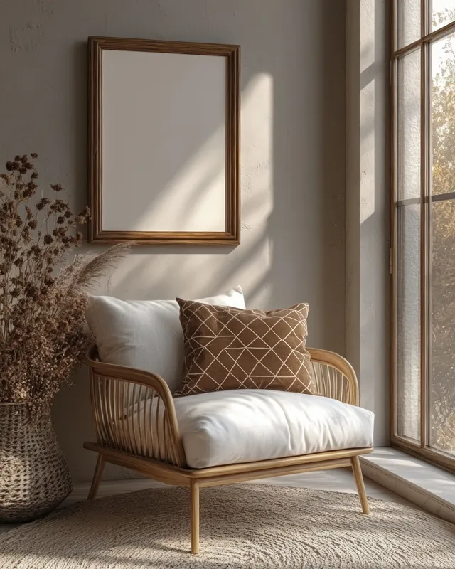 A white cushioned armchair sits beside a blank wooden frame near a tall window.